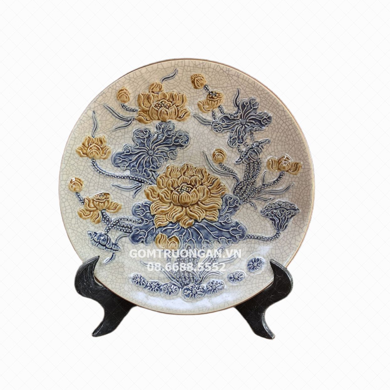 Mâm bồng men rạn nổi hoa sen 30cm Trường Xuân cao cấp Bát Tràng 
