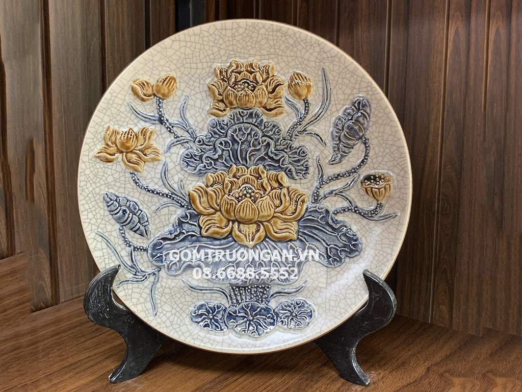 Mâm bồng men rạn cao cấp Hoa sen Trường Xuân Bát Tràng 25cm đẹp 