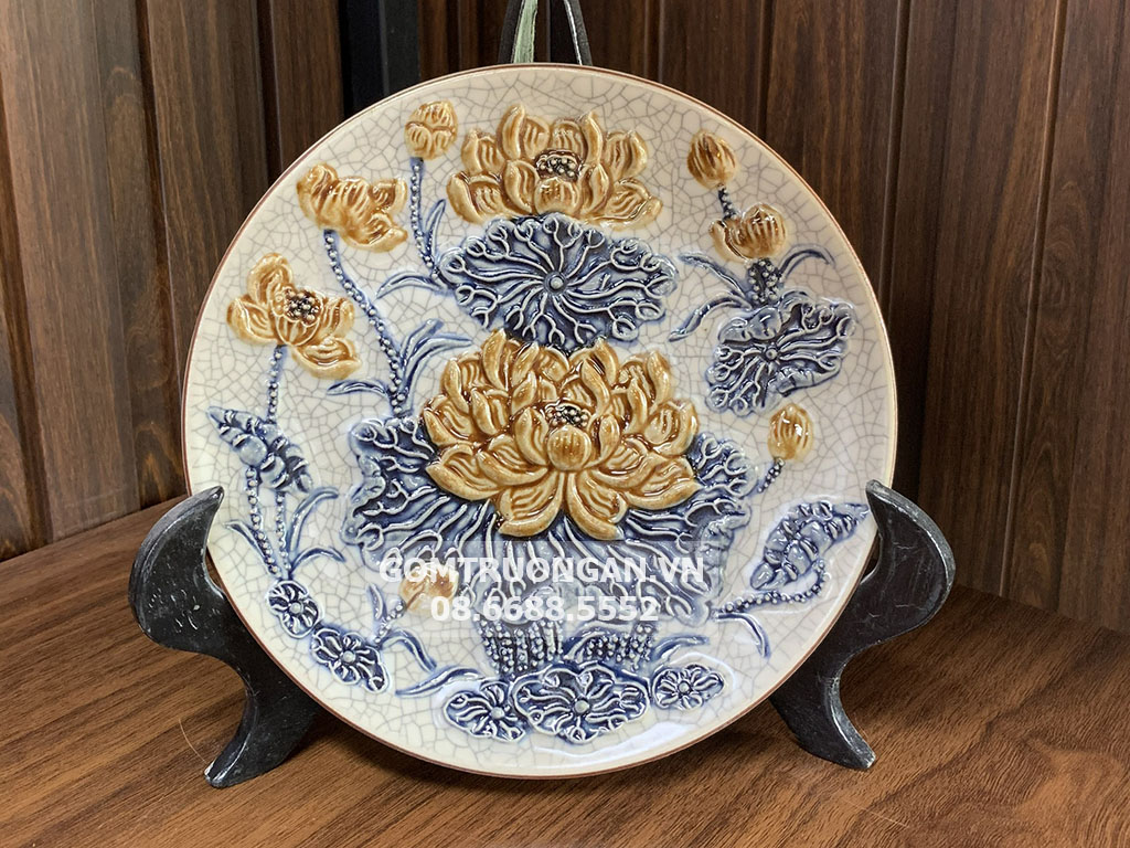 Mâm bồng men rạn nổi Hoa sen Trường Xuân 20cm đĩa lễ cao cấp 