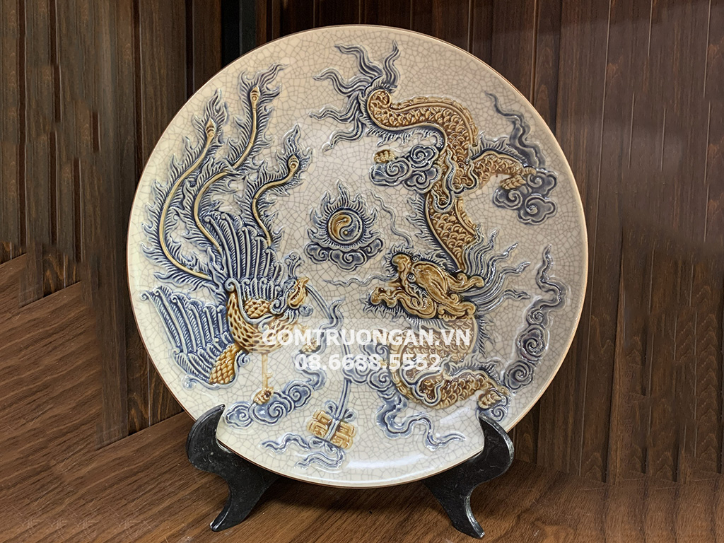 Mâm bồng men rạn rồng Trường Xuân 32cm cao cấp Bát Tràng 