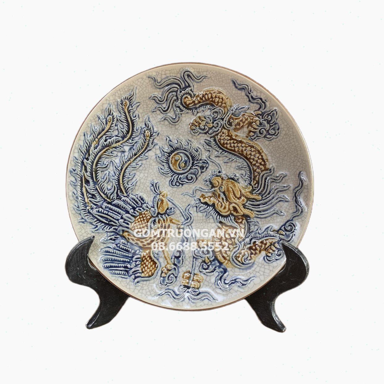 Mâm bồng men rạn nổi rồng 25cm cao cấp Trường Xuân sang trọng 