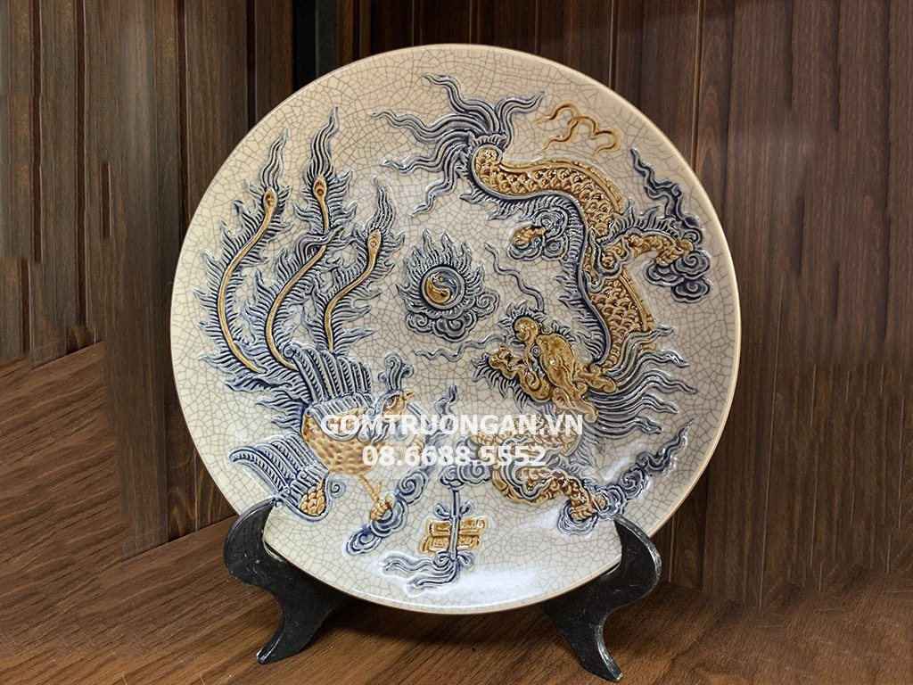 Mâm bồng men rạn Trường Xuân 30cm rồng phượng decor cao cấp Bát Tràng 