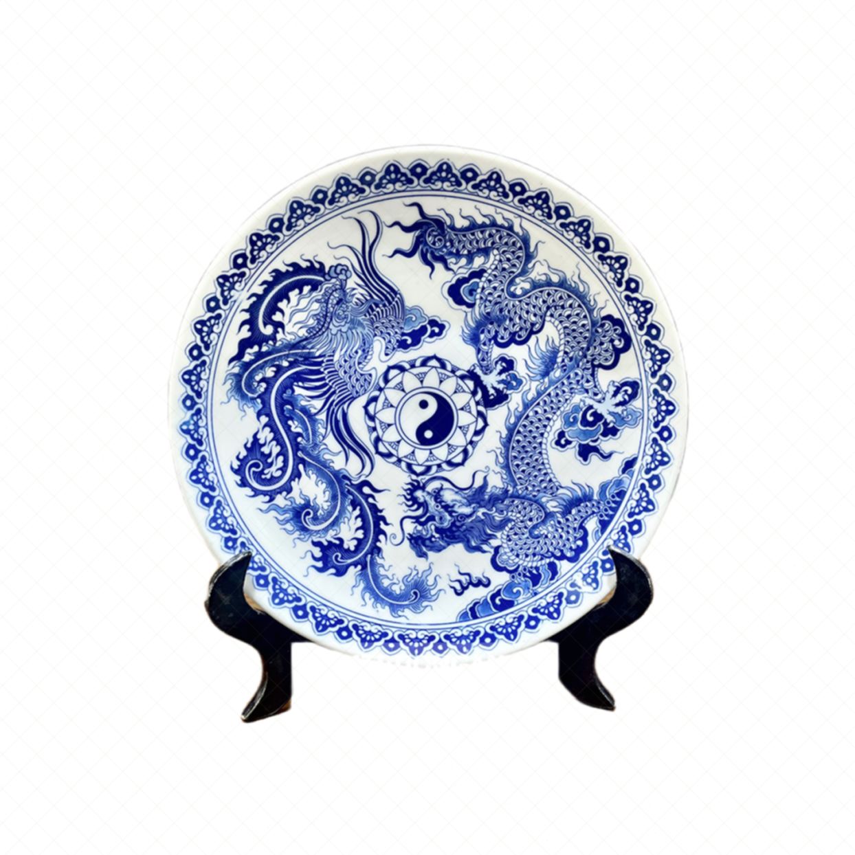 Mâm bồng men lam Long Phụng 27cm Đĩa lễ Rồng phượng Bát Tràng 
