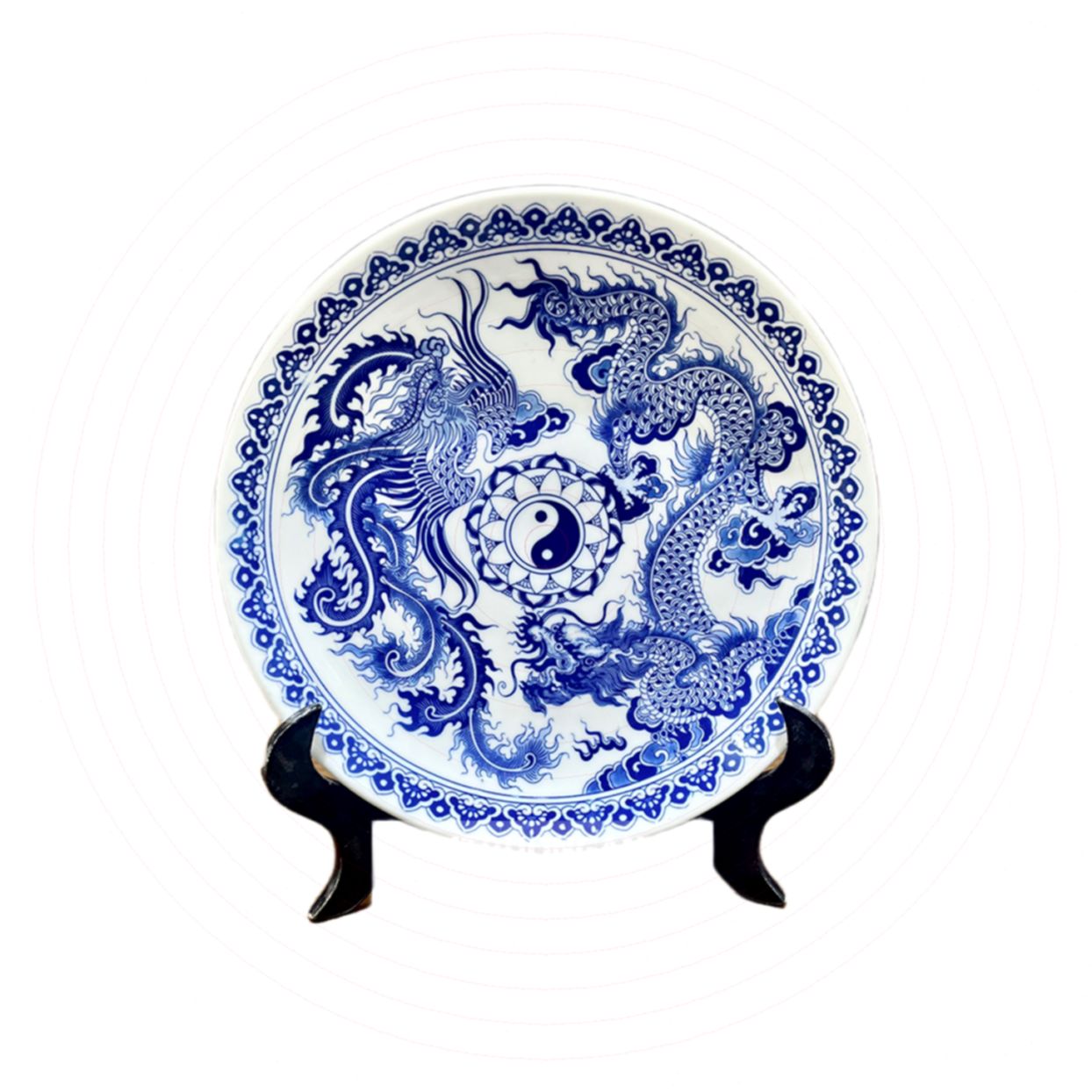 Mâm bồng men lam Bát Tràng 32cm Rồng Phượng sang trọng 
