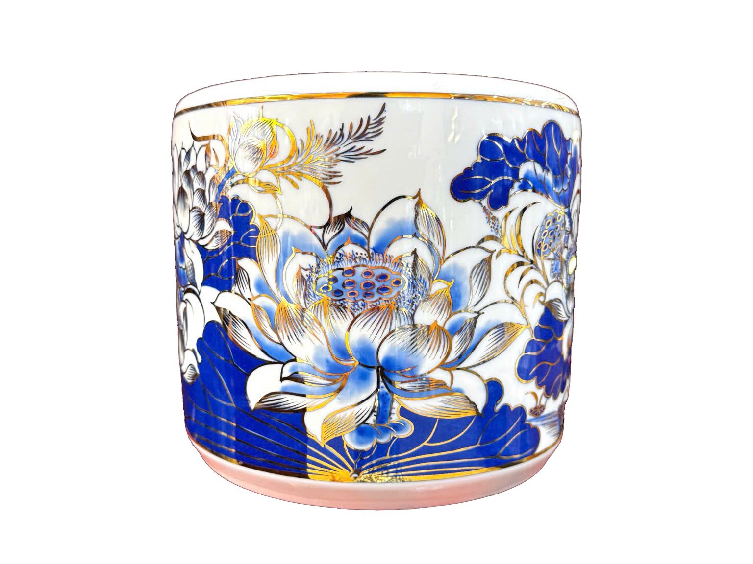 Bát hương men lam vẽ vàng Hoa Sen 22cm Bát Tràng chuẩn đẹp 