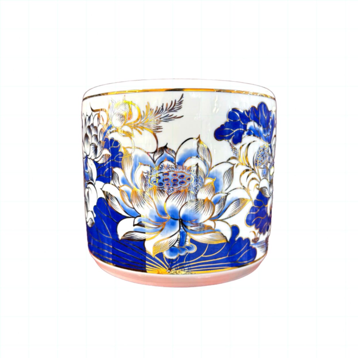 Bát hương men lam 18cm vẽ vàng Hoa Sen Vạn Phúc sang trọng 