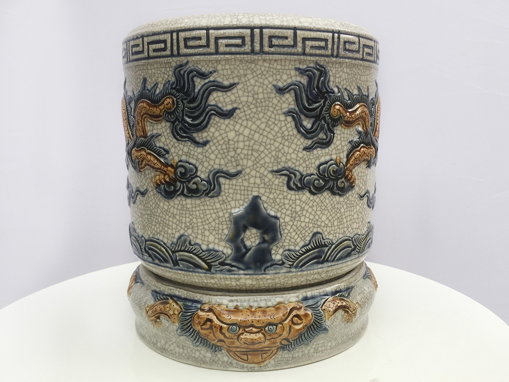 Bát hương men rạn nổi rồng 3D Trường Xuân đế sứ 22cm sang trọng