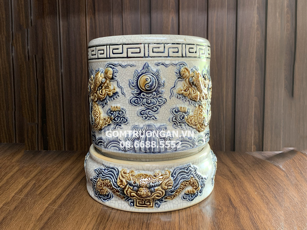 Bát hương men rạn rồng nổi 18cm Đế sứ cao cấp Bát Tràng bền bỉ 