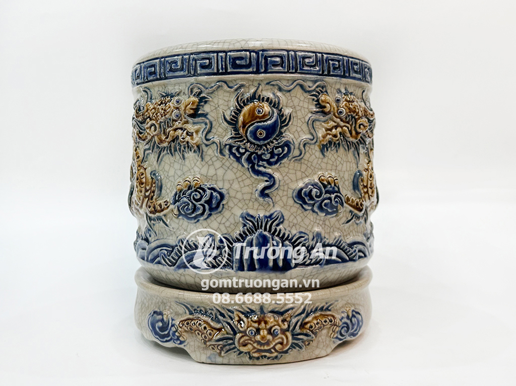 Bát hương men rạn nổi rồng 25cm đế sứ Bát Tràng chất lượng cao 