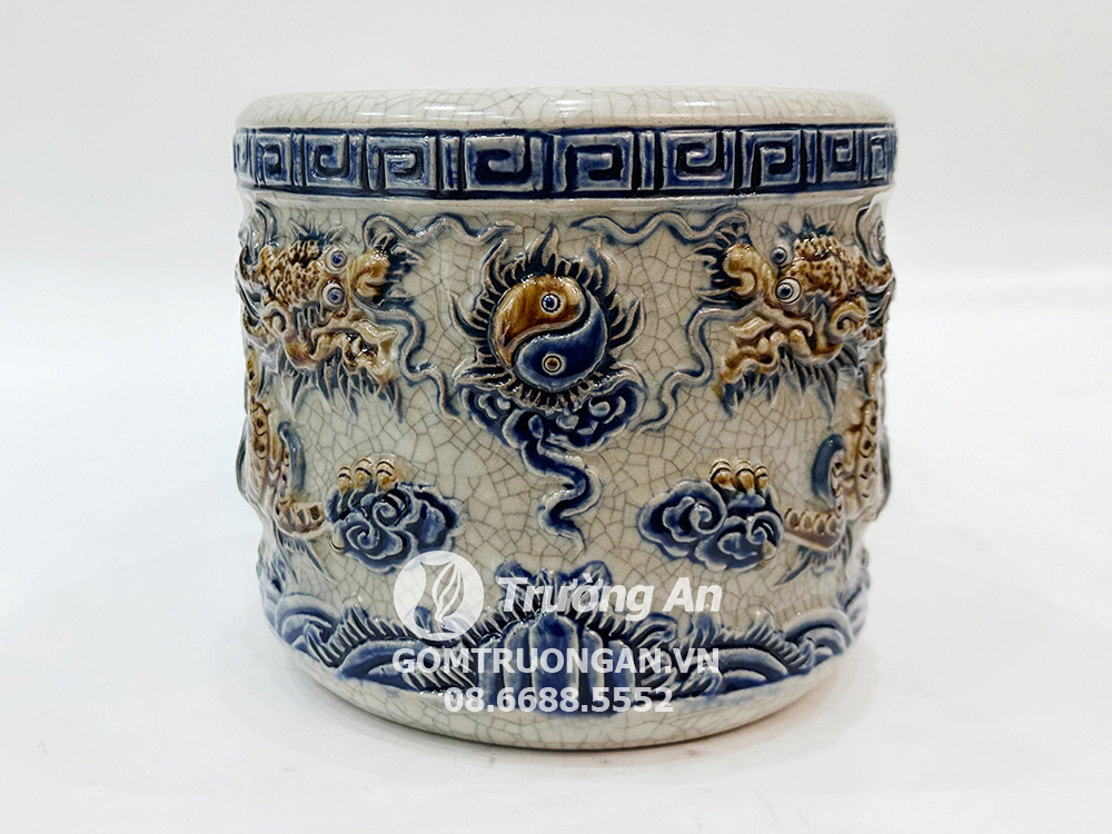Bát hương Bát Tràng men rạn nổi rồng Phúc Quý 22cm đẹp cao cấp 