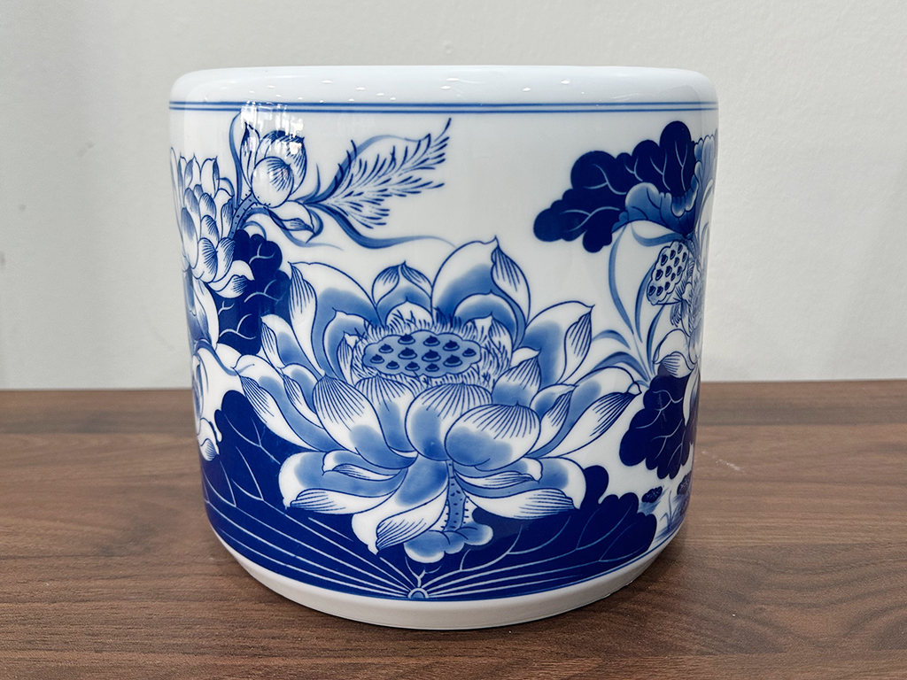 Bát hương sen men lam Vạn Phúc Bát Tràng 14cm đẹp bền 