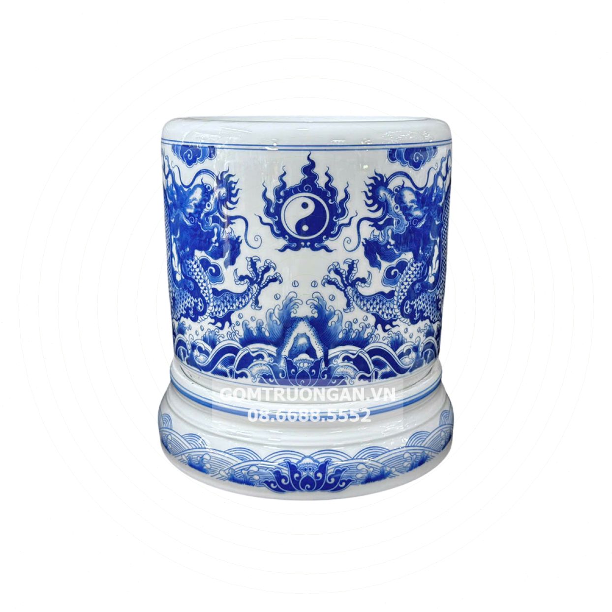 Bát hương rồng men lam Vạn Phúc 22cm đế sứ cao cấp bền đẹp 