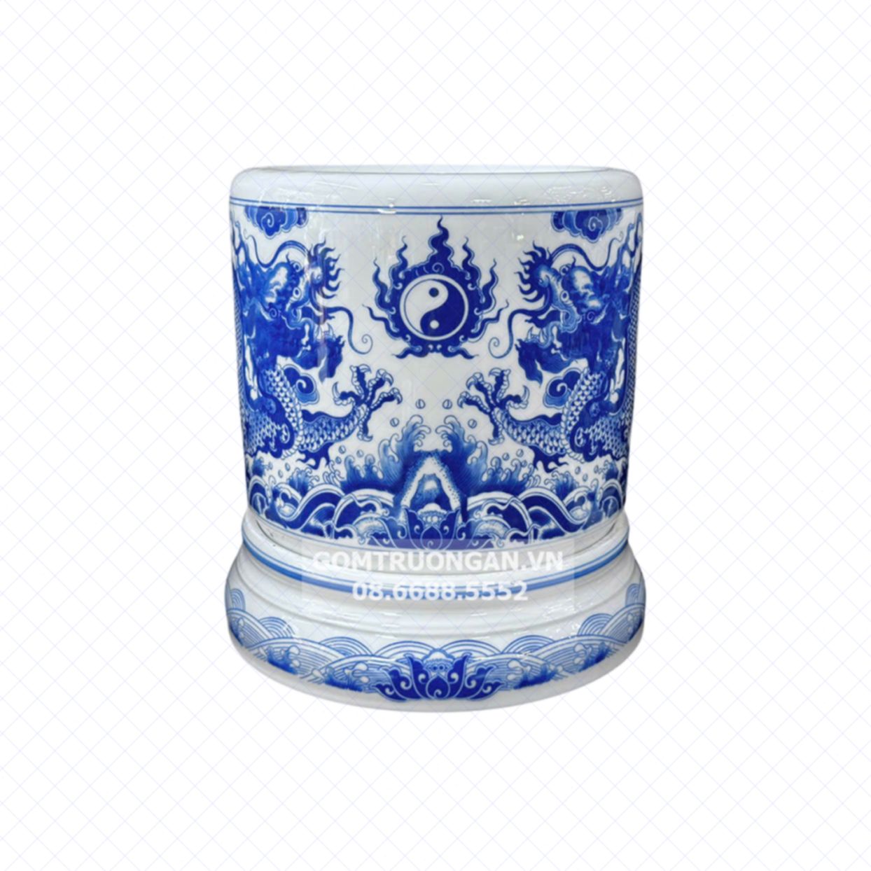 Bát hương rồng men lam Vạn Phúc 25cm đế sứ cao cấp 