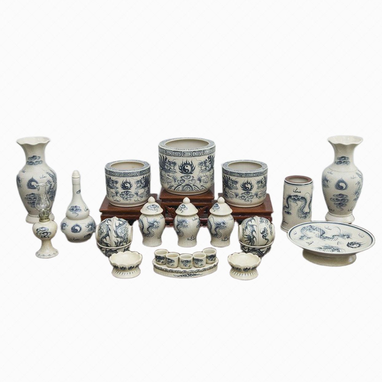 Bộ đồ thờ Bát Tràng men rạn vẽ rồng cao cấp chuẩn thờ cúng 