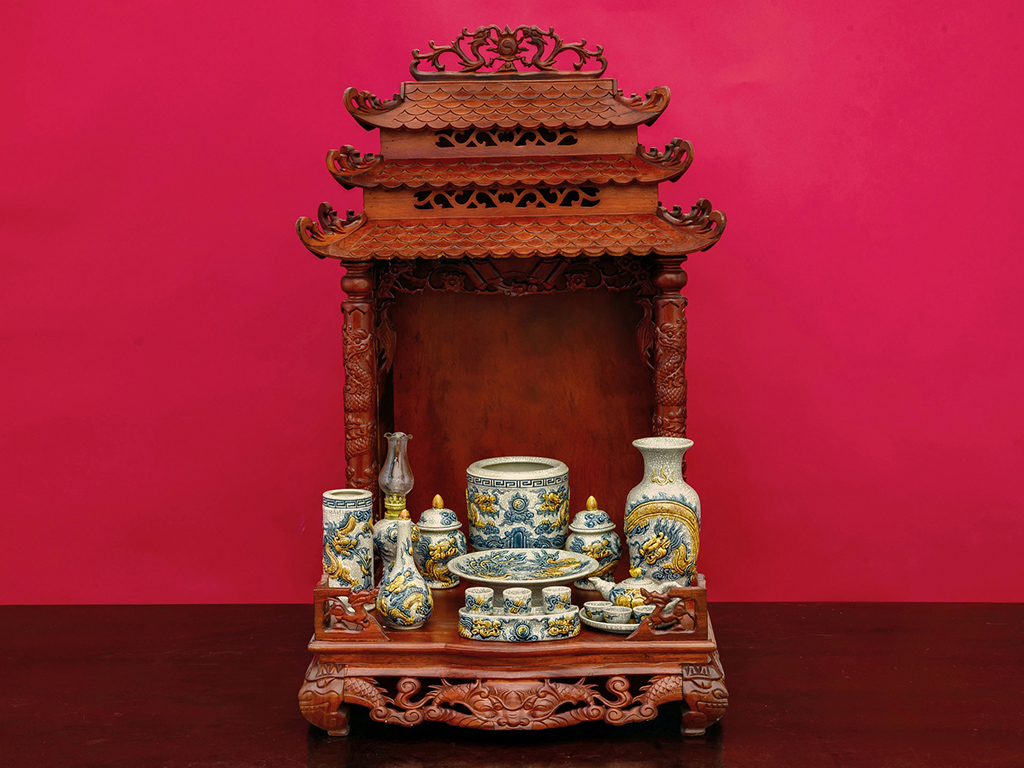 Bộ đồ thờ men rạn Trường Xuân cao cấp ban thờ thần tài 56cm đẹp 