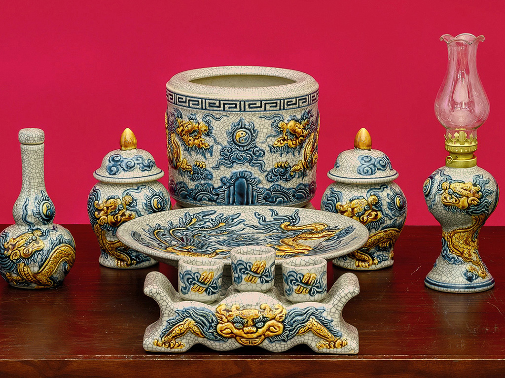 Bộ đồ thờ Bát Tràng men rạn rồng đắp nổi 10 món chất lượng Bộ đồ thờ Bát Tràng men rạn rồng đắp nổi 10 món chất lượng