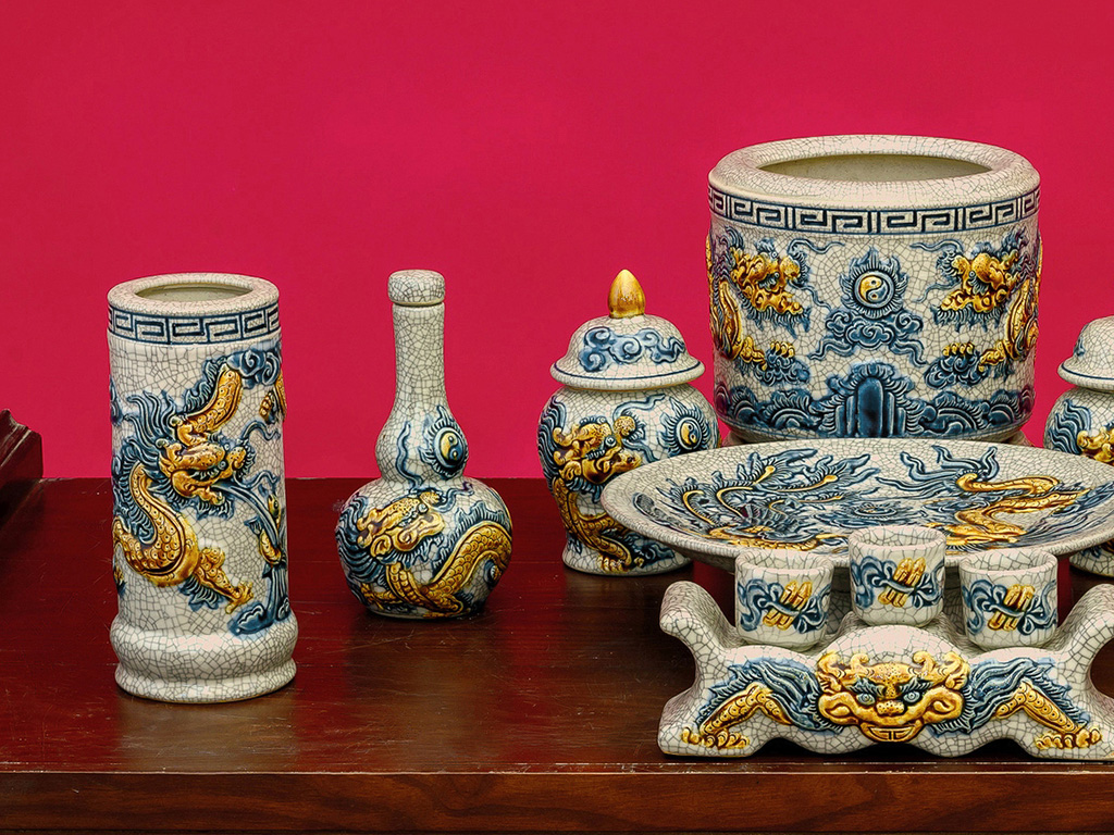 Bộ đồ thờ Bát Tràng men rạn rồng đắp nổi 10 món chất lượng Bộ đồ thờ Bát Tràng men rạn rồng đắp nổi 10 món chất lượng