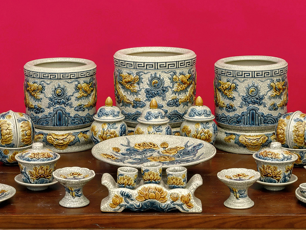 Bộ đồ thờ Bát Tràng men rạn đắp nổi rồng chuẩn 1m75 sang trọng Bộ đồ thờ Bát Tràng men rạn đắp nổi rồng chuẩn 1m75 sang trọng