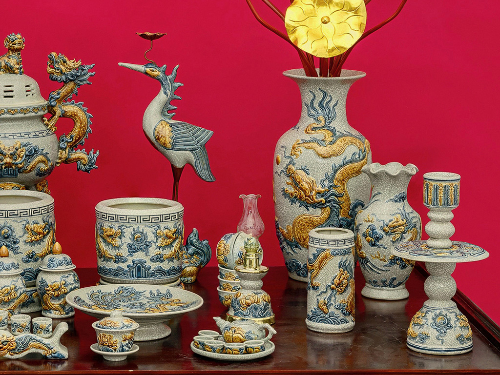 Bộ đồ thờ Bát Tràng Trường Xuân ngũ sự rạn men đắp nổi rồng 2m17 cao cấp Bộ đồ thờ Bát Tràng Trường Xuân ngũ sự rạn men đắp nổi rồng 2m17 cao cấp