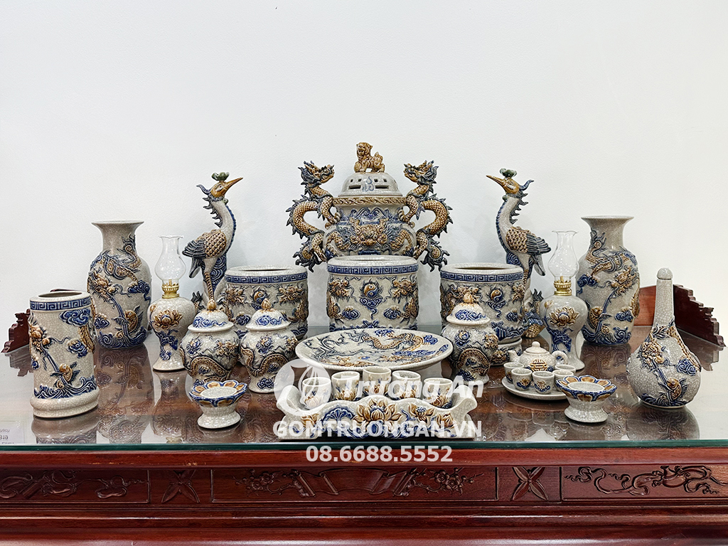 Bộ đồ thờ Bát Tràng men rạn rồng Phúc Quý chuẩn tâm linh tiện lợi 