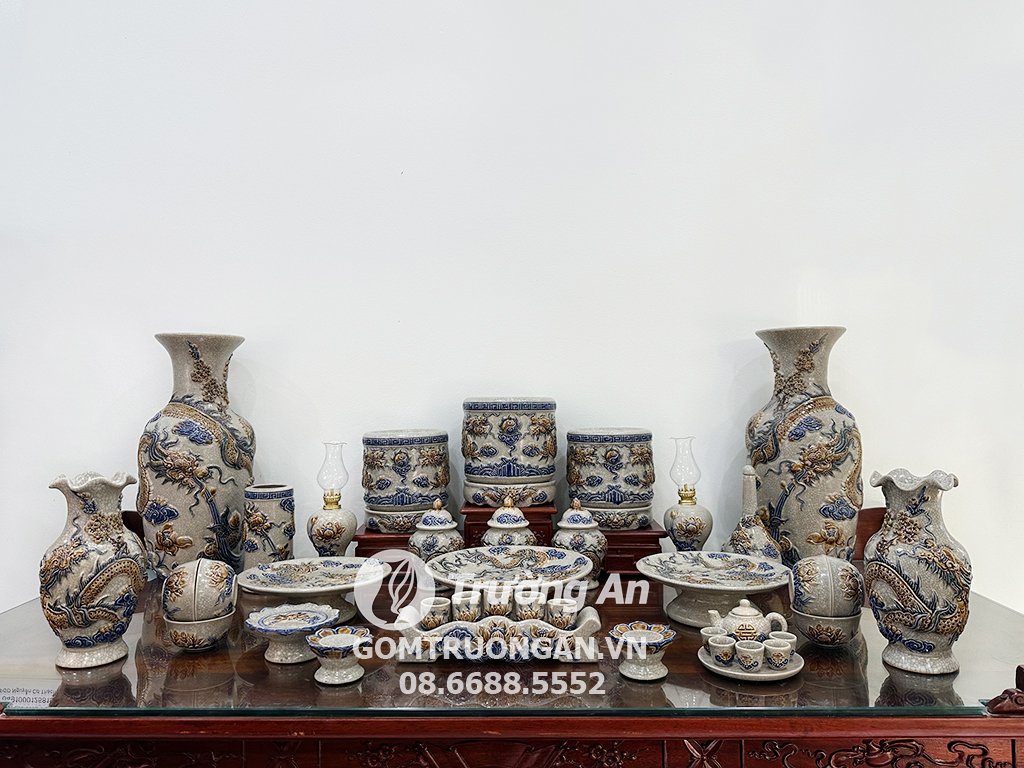Bộ đồ thờ Bát Tràng men rạn rồng Phúc Quý ban thờ 2m17 chuẩn xịn 