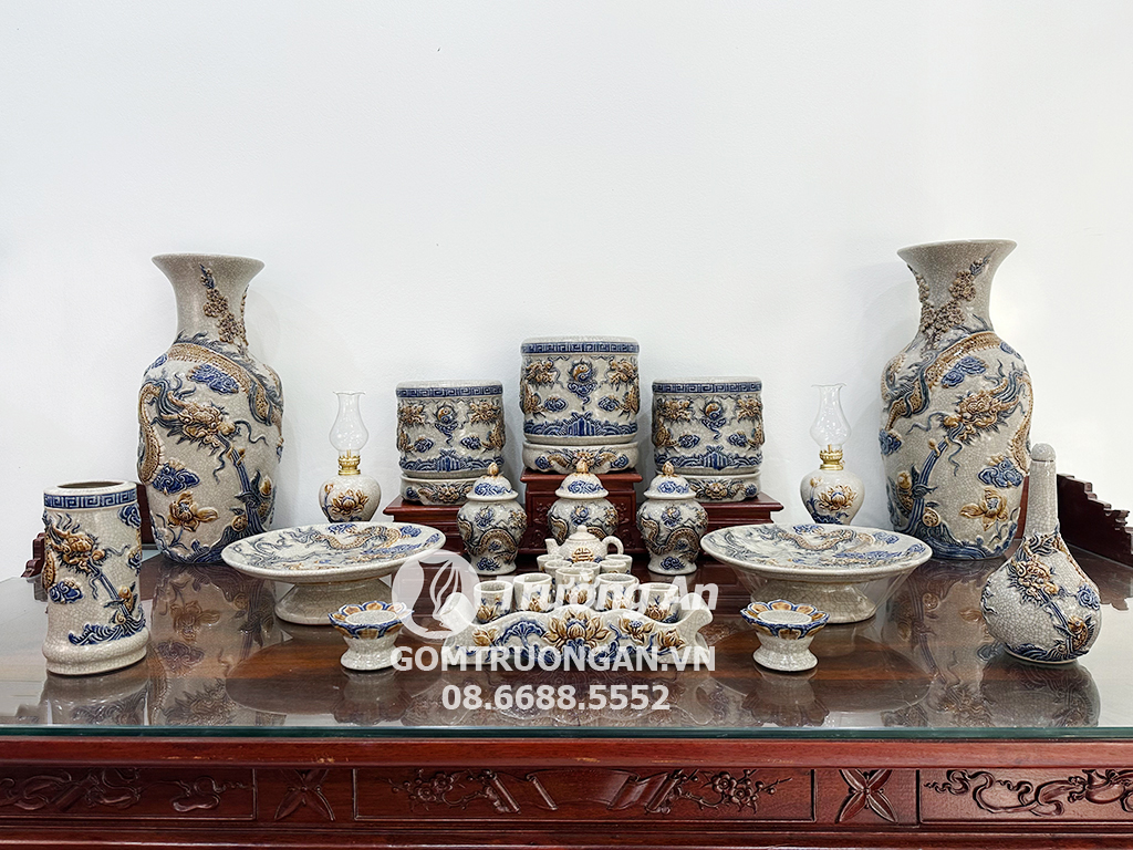 Bộ đồ thờ Bát Tràng men rạn rồng Phúc Quý ban thờ 1m97 sang trọng độc đáo 