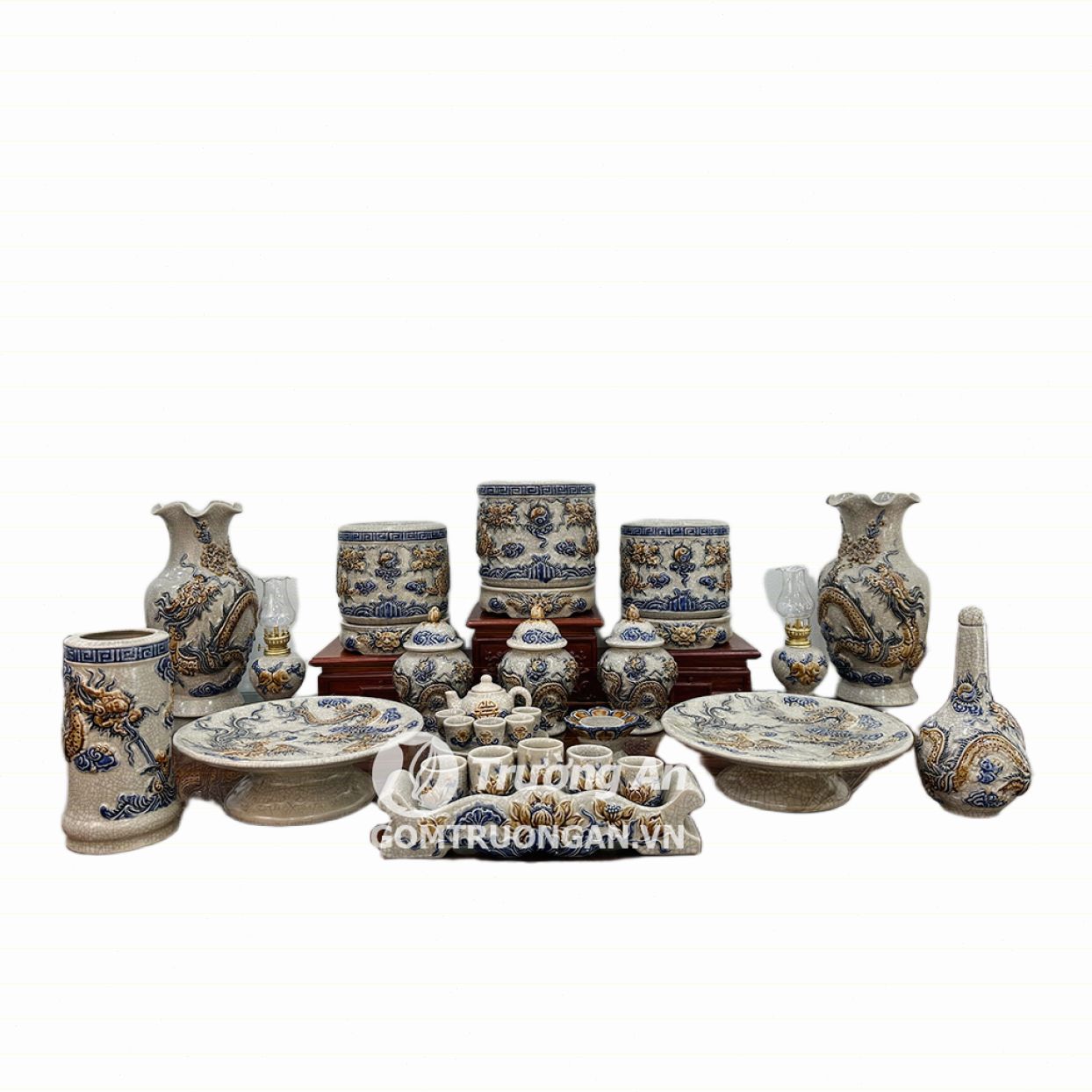 Bộ đồ thờ Bát Tràng men rạn nổi rồng Phúc Quý chuẩn 1m75 sang trọng 