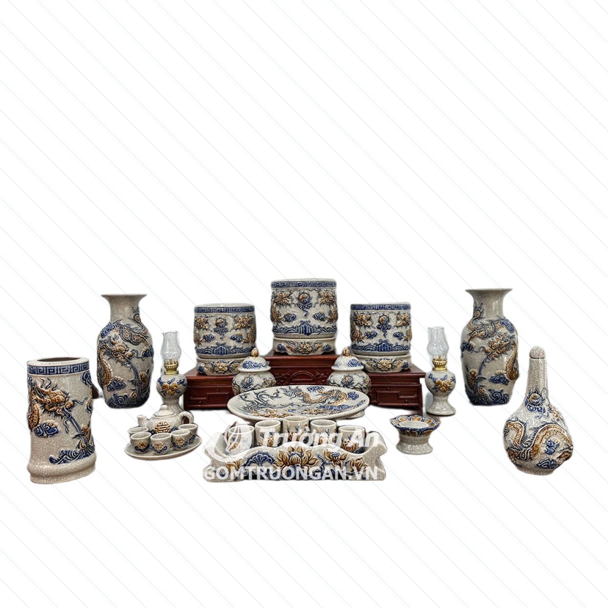 Bộ đồ thờ men rạn Bát Tràng rồng Phúc Quý 18 món ban thờ 1m53 chất lượng cao 
