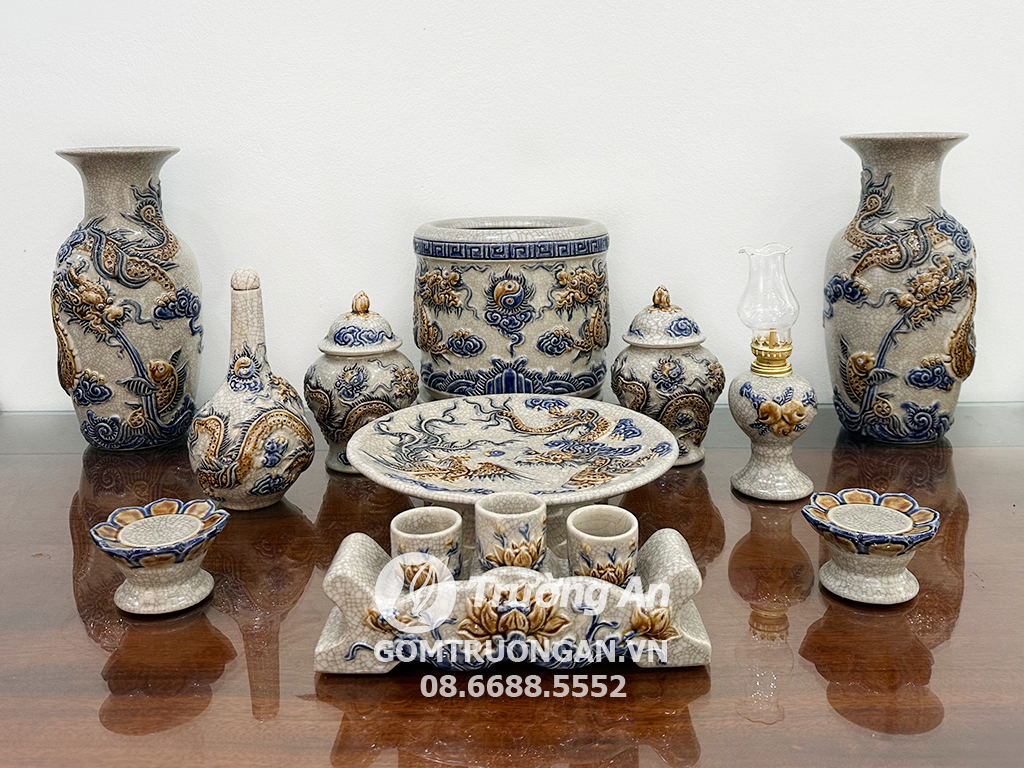 Bộ đồ thờ Bát Tràng rồng phúc quý men rạn nổi 12 món đẳng cấp 