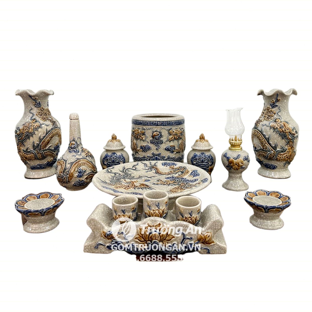 Bộ đồ thờ Bát Tràng men rạn rồng Phúc Quý chuẩn phong thủy 