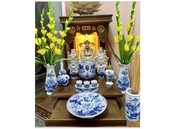 Bộ đồ thờ Ban Thần Tài men lam xanh Bát Tràng cao cấp chuẩn sứ 