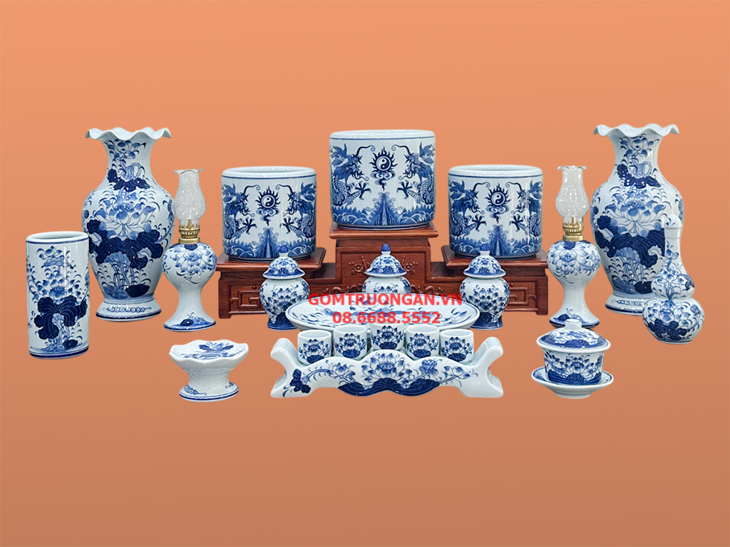 bộ đồ thờ gia tiên men lam ngọc lộc phát ban thờ 1m53 3 bát hương sứ bát tràng chất lượng cao 