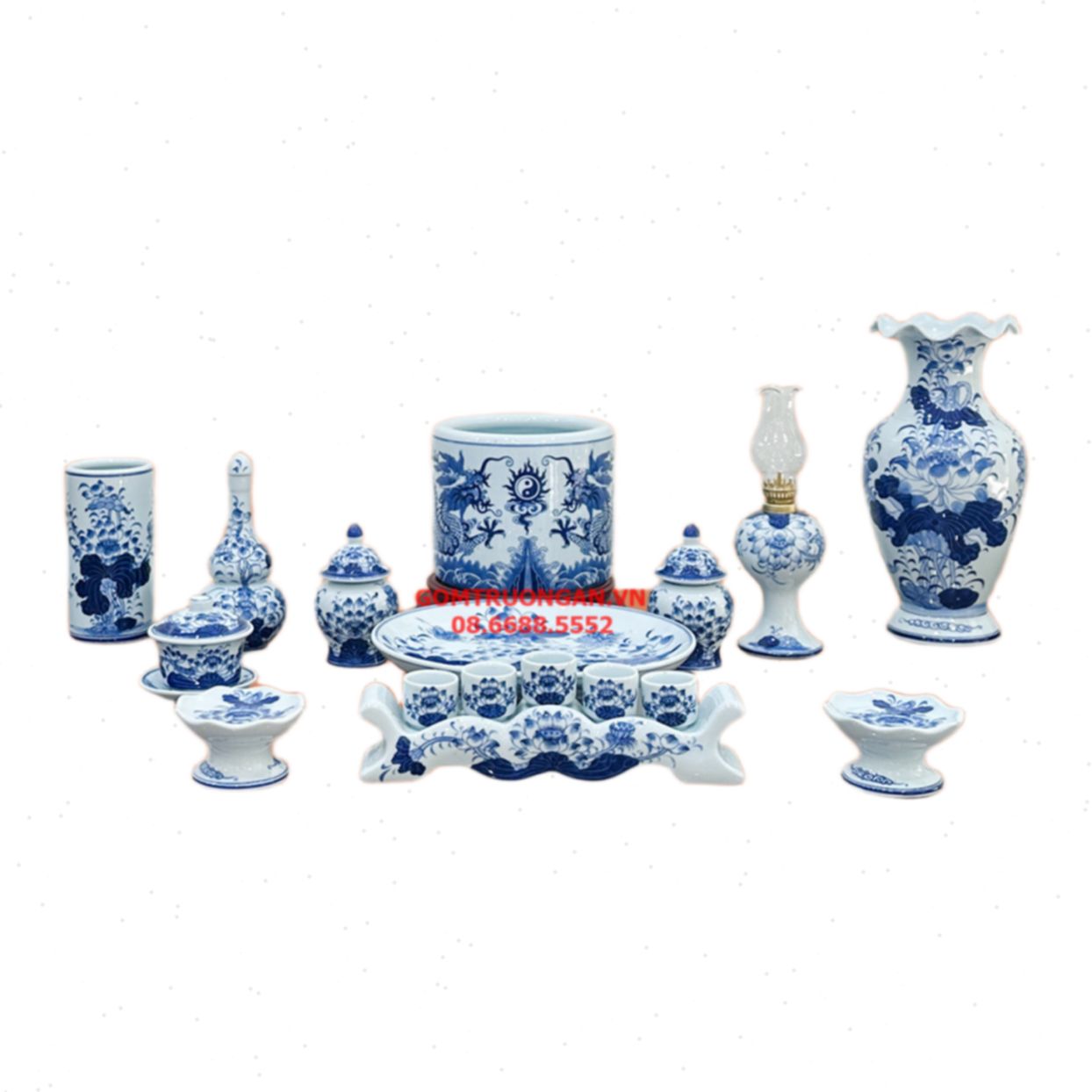 Bộ đồ thờ gia tiên men lam ngọc cao cấp Lộc Phát 1m53 sang trọng 