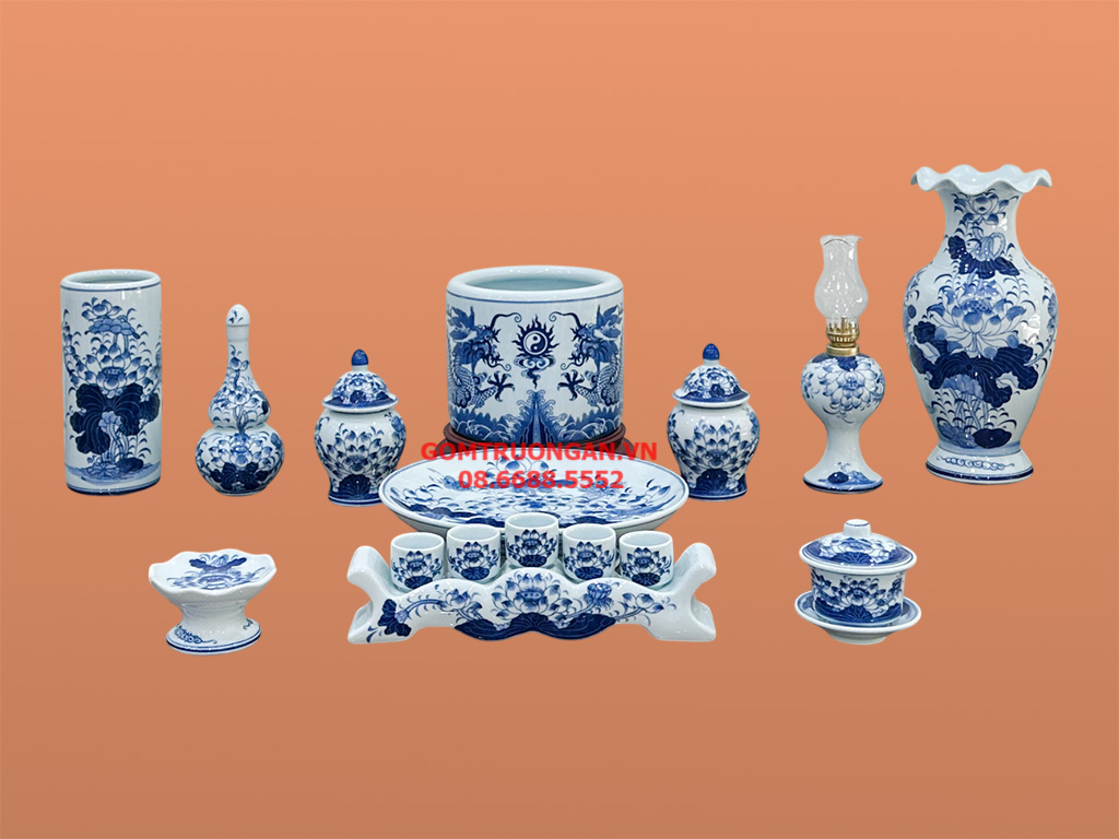 Bộ đồ thờ gia tiên men lam ngọc Lộc Phát 1m75 bát hương đẹp 