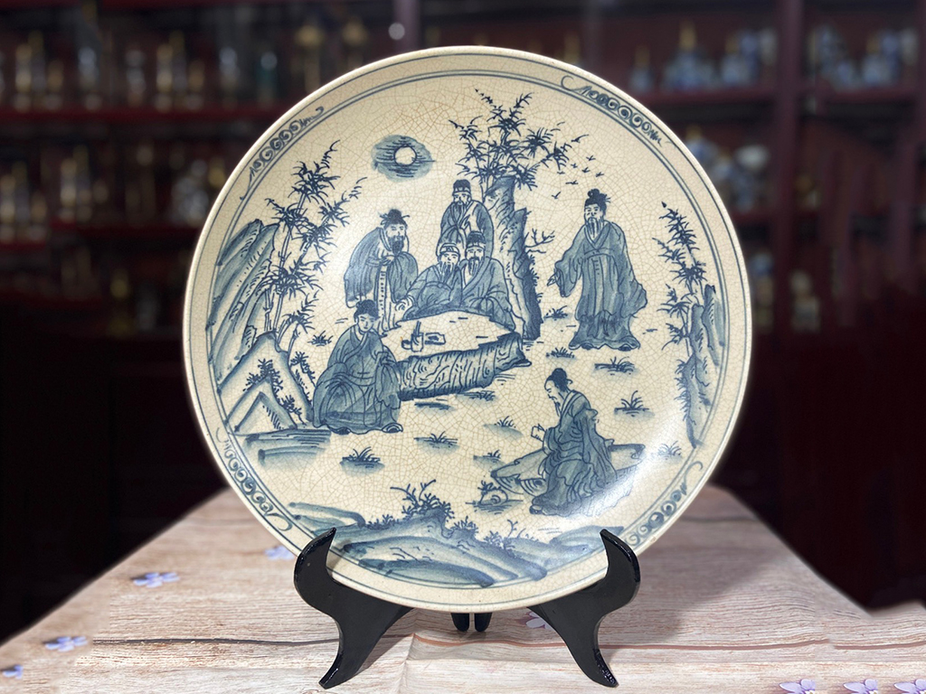 Đĩa sứ Bát Tràng 35cm Trúc Lâm Thất Hiền Quà trang trí sang trọng 