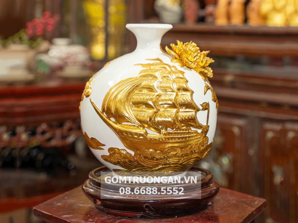 Bình hút tài lộc trắng dát vàng 21cm Thuận buồm xuôi gió đẹp 