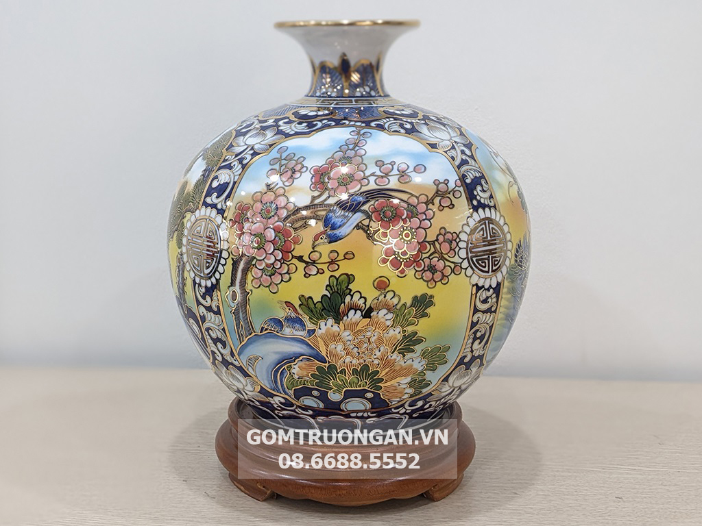 Bình hút tài lộc Bát Tràng 3D 30cm vẽ vàng Tứ Quý phong thủy may mắn 