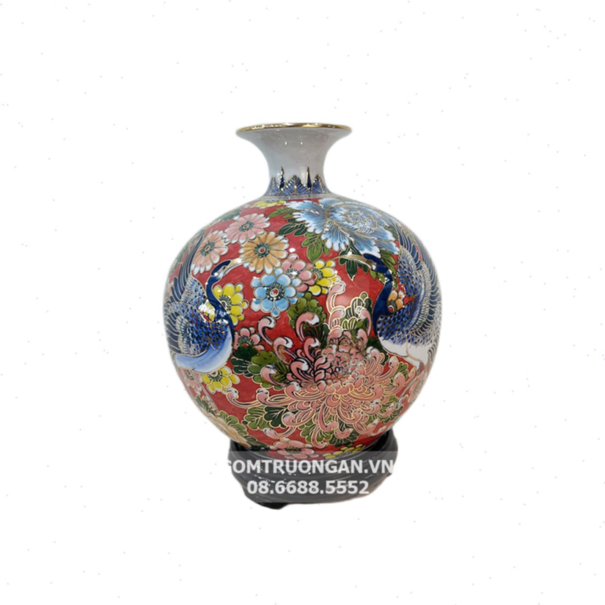 Bình hút tài lộc Bát Tràng vẽ vàng Bách Hạc Liên Hoa sang trọng phong thủy 