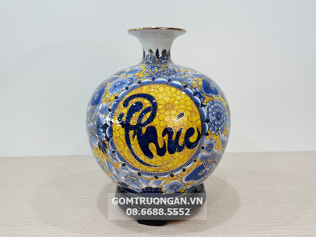 Bình hút tài lộc Cá Chép Liên Hoa 30cm gốm sứ Bát Tràng vàng 