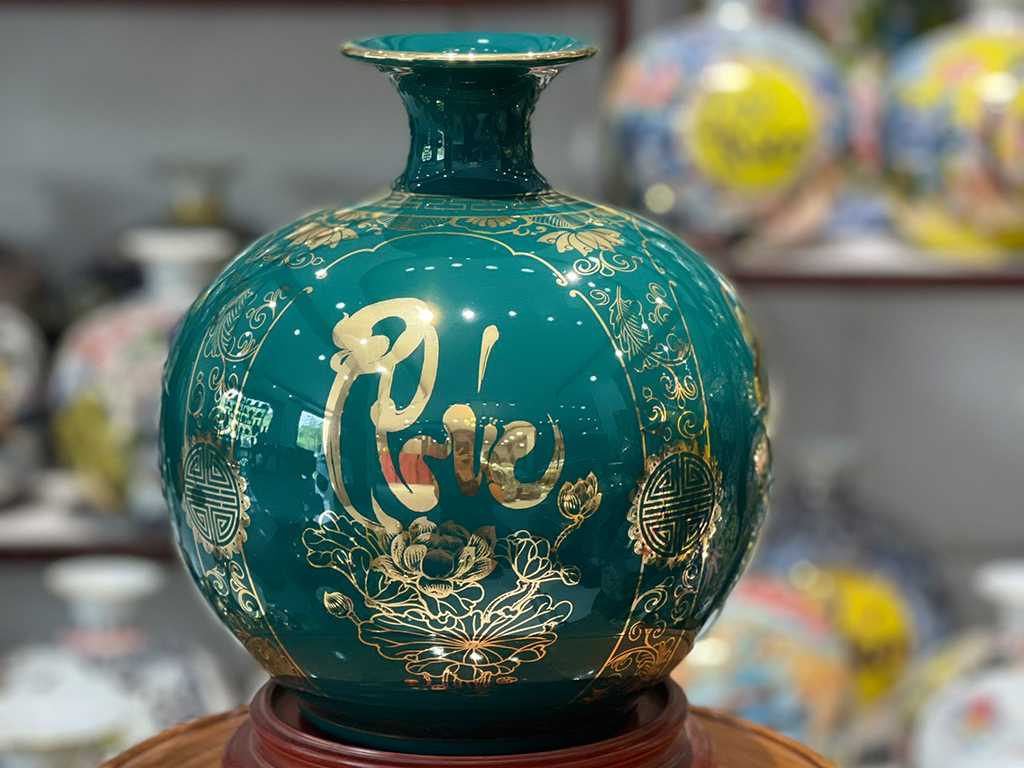 Bình hút lộc xanh coban vàng 25cm Phúc Đức Tài Lộc sang trọng may mắn 