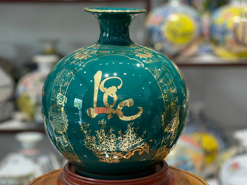 Bình hút lộc xanh coban vàng 25cm Phúc Đức Tài Lộc sang trọng may mắn
