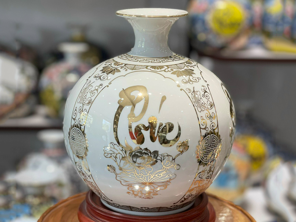 Bình hút lộc Bát Tràng màu trắng vàng Phúc Đức Tài Lộc sang trọng 25cm 