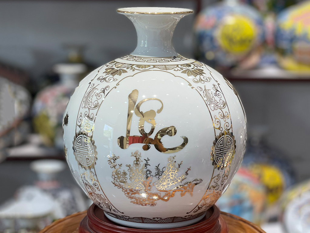 Bình hút lộc Bát Tràng màu trắng vàng Phúc Đức Tài Lộc sang trọng 25cm