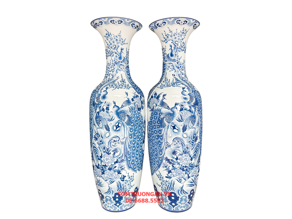 Lọ lục bình Bát Tràng men lam 1m4 cao cấp quà tặng sang trọng 