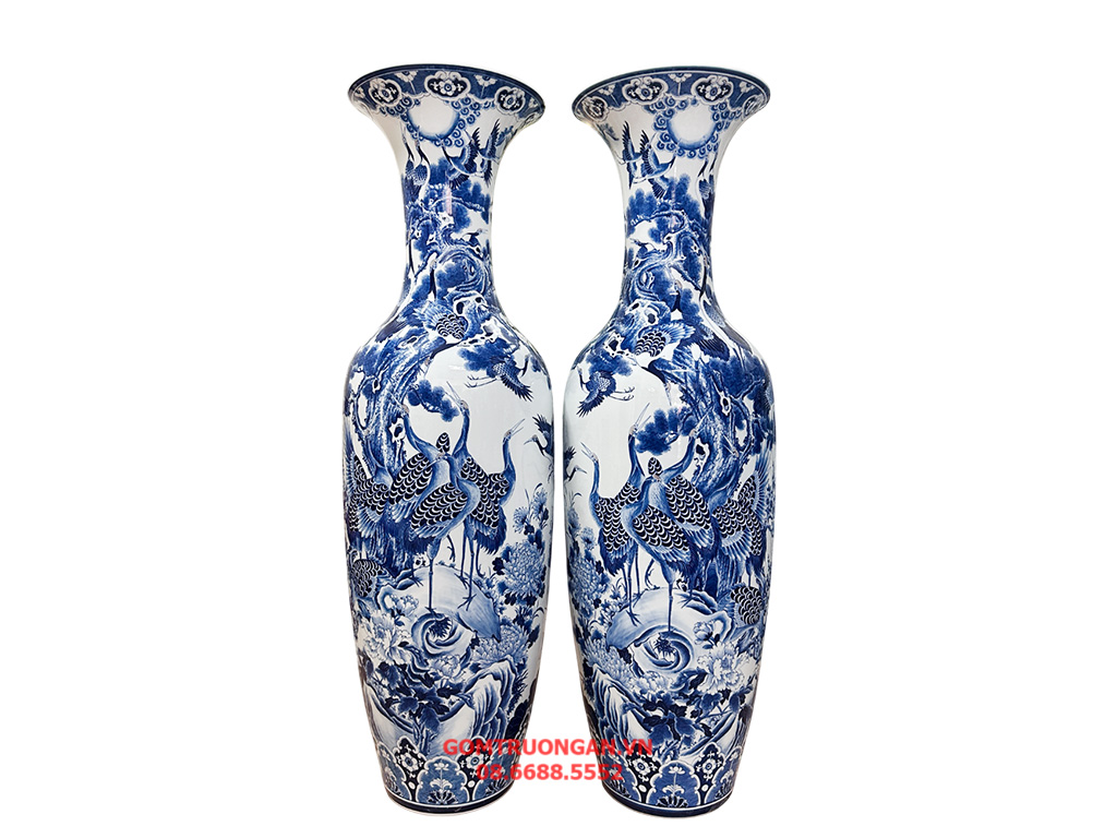 Lọ lục bình Bát Tràng 1m4 men lam Tùng Hạc Diên Niên đẹp, sang 