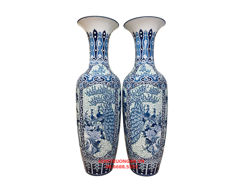 Lọ lục bình Bát Tràng men lam thêu hoa Tứ Quý 1m4 cao cấp 