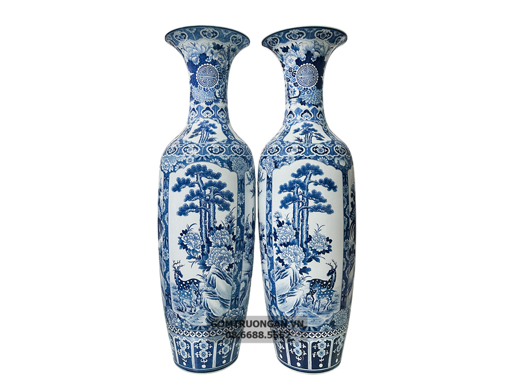 Lọ lục bình sứ Bát Tràng cao 1m4 men lam Tứ Quý sang trọng 