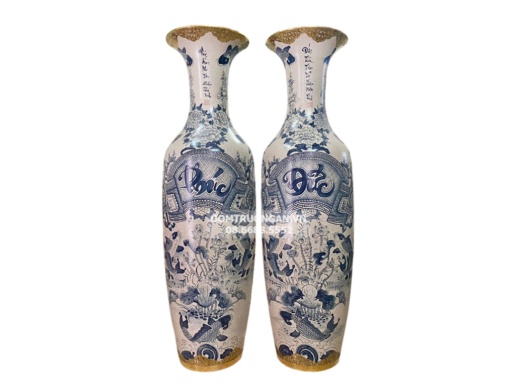 Lọ lộc bình Bát Tràng men rạn Phúc Đức 1m6 bọc đồng đẹp sang 