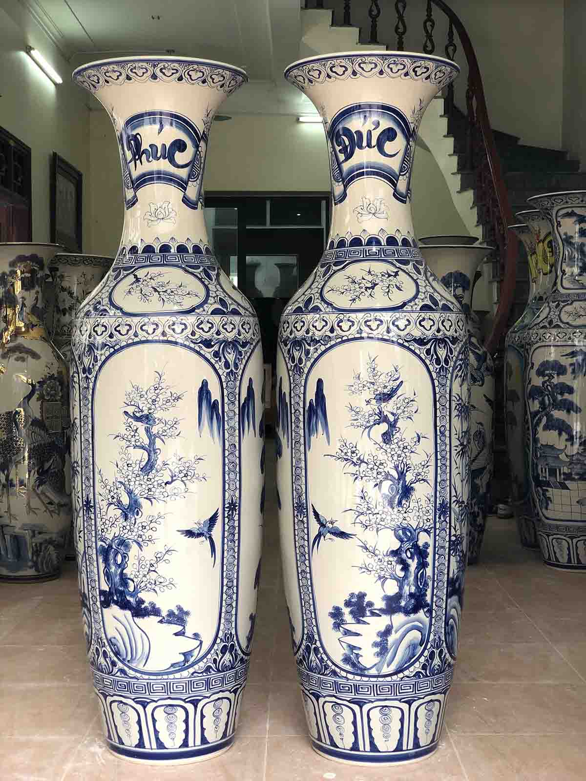 Lọ lộc bình Bát Tràng men lam Tứ quý cao 1m6 sang trọng đẹp