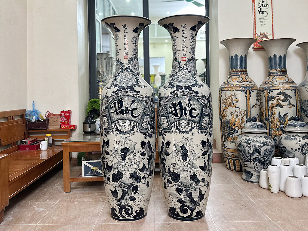 Lọ lộc bình Bát Tràng men chàm cổ Phúc Đức 1m6 quà tặng phong thủy 